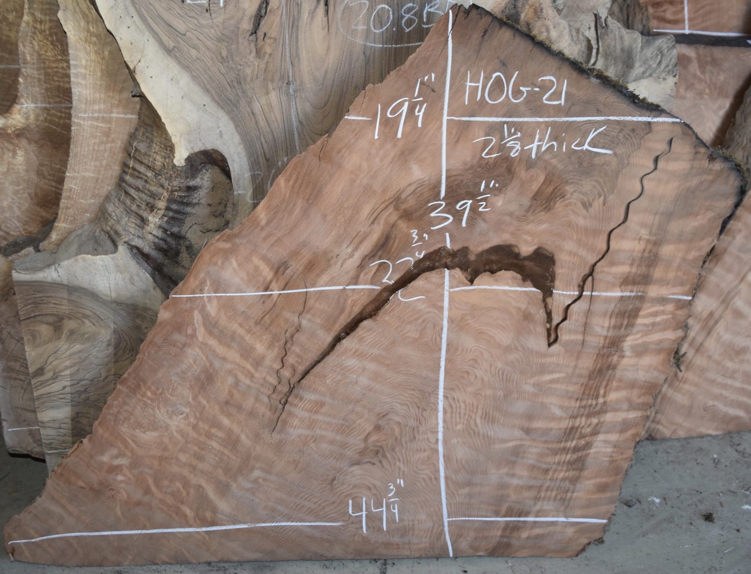 HOG21 Dry and Surfaced Curly Old Growth Redwood Slab Salvaging and