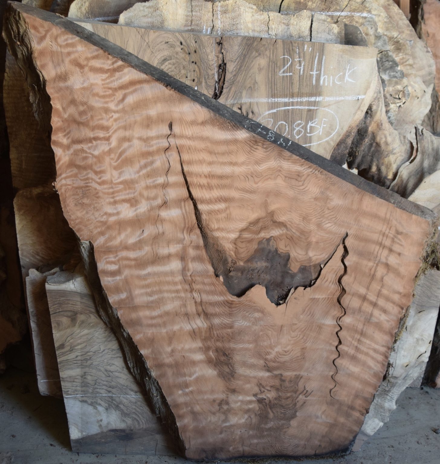 HOG21 Dry and Surfaced Curly Old Growth Redwood Slab Salvaging and