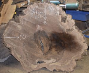 HROUND-129 Claro Walnut Burl Cookie Slab 50"x43"x2 3/4"