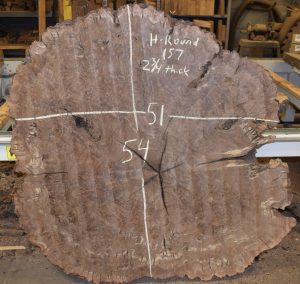 HROUND-157 Claro Walnut Burl Round 54”x51”x2 3/4”